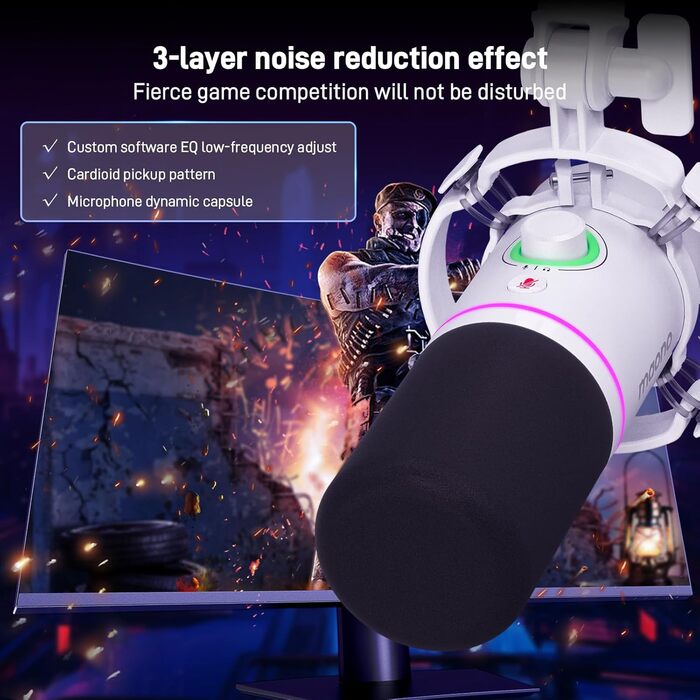 MAONO XLR/USB динамічний мікрофон для подкастів, RGB підсвітка, з програмним забезпеченням, кнопка вимкнення звуку, регулятор гучності, підвіс для стрімінгу, ігор, озвучення, запису, PD200XS, білий