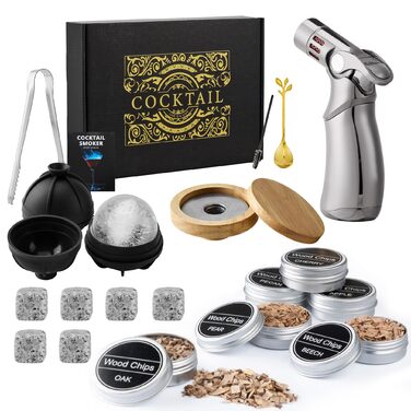 Набір для копчення віскі – Old Fashioned Cocktail Geschenkset з 6 ароматичними дерев'яними чіпсами, 4 гранітними камінцями, запальничкою та аксесуарами для любителів віскі та коктейлів (без бутану) (силіконова куля & гранітні камені)