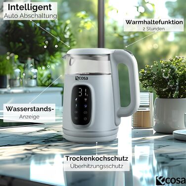 Електрочайник Ecosa® зі скляною колбою та регулюванням температури, 1.7 л, 2200 Вт, не містить BPA, з підігрівом та LED-підсвічуванням (Woldo White)