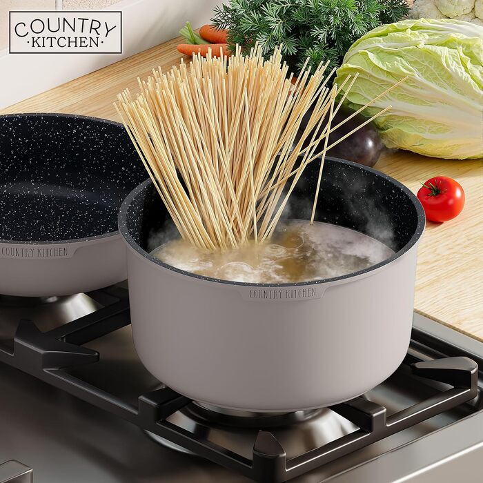 Набір посуду Country Kitchen 16 предметів: каструлі та сковорідки з антипригарним покриттям, знімними ручками Soft-Touch, для кемпінгу та приготування їжі в духовці (сірий)