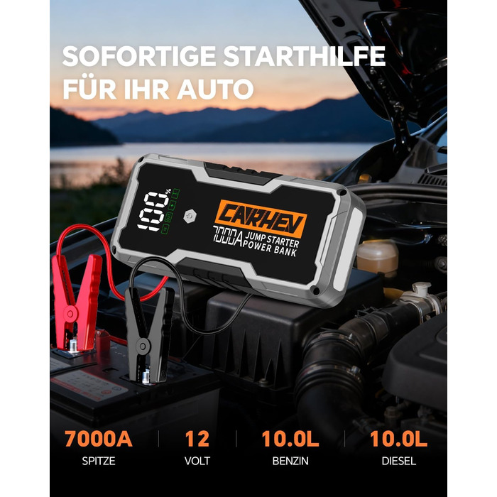 Бустерний пускач CARHEV 7000A для авто 12В (до 10.0L бензин/дизель), Powerbank з QC 3.0 USB та LED-ліхтарем