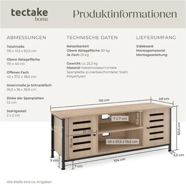 Тумба під телевізор tectake®: промисловий дизайн, дерево + метал, 110 x 41.5 x 50.5 см, для телевізорів до 55 дюймів