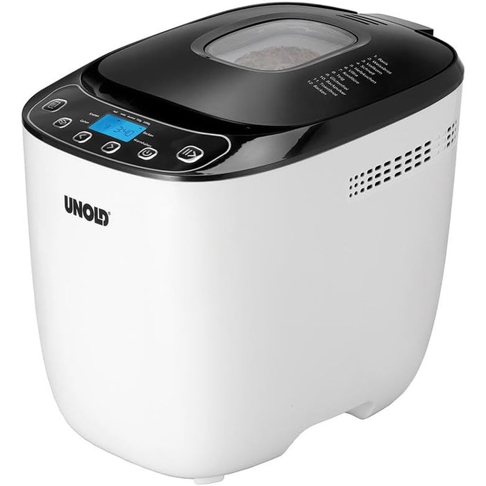 Хлібопічка Unold 68010 Backmeister Design, до 1 кг, 550 Вт, BPA-free, 12 програм, LCD, чорна-біла, термостійкий корпус
