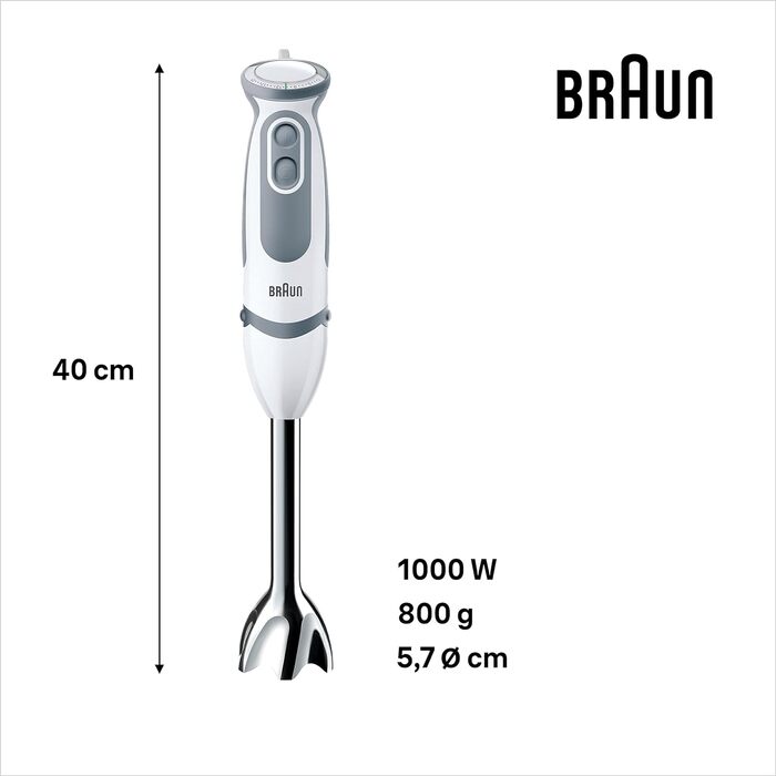 Блендер Braun MultiQuick 5 Vario MQ5235WH, 1000 Вт, нержавіюча сталь, комплект насадок, білий/сірий, енергоефективний