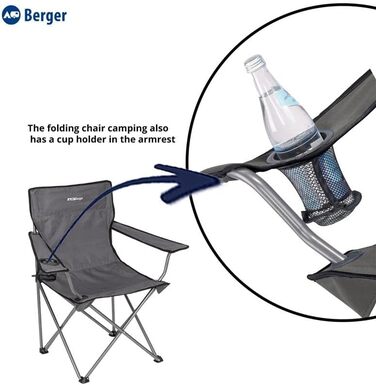 Складний кемпінговий стілець BERGER Easy, м'який, до 100 кг, з підстаканником, легкий, для риболовлі, саду та відпочинку, сірий, у чохлі