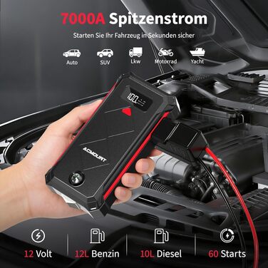 Бустер-пусковий пристрій Acmount P110 7000A Jump Starter для авто, SUV, мотоциклів та газонокосарок (бензин до 12л, дизель до 10л) з LED-ліхтарем, компасом та аварійним молотком, червоний