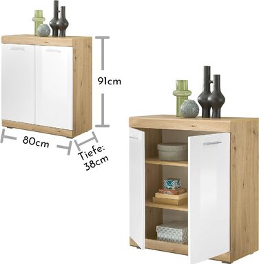 Комод Stella Trading NOLA, дуб артизан/білий глянець, сучасний, 80x91x38 см, 2 шухляди, багато місця для зберігання