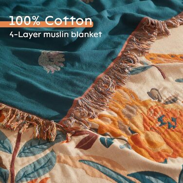 Богемна ковдра Boho Decke з 100% бавовни – двостороння муслінова ковдра 150x200 см, м'яка пледова ковдра та покривало для ліжка, естетичний дизайн, ідеально підходить для вітальні та спальні, помаранчево-зелена (230 x 275 см)
