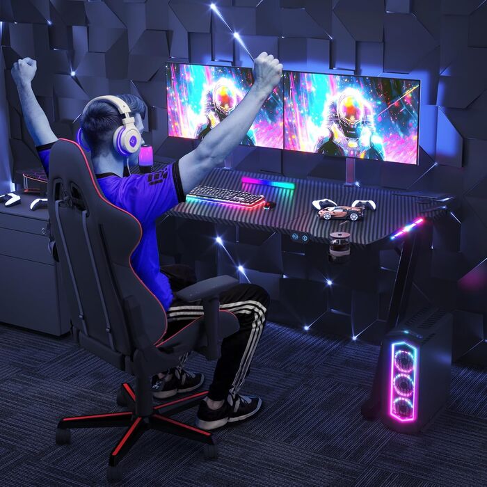 Ігровий стіл JUMMICO з RGB LED-підсвіткою, комп'ютерний стіл для геймерів та Home Office з тримачем для навушників та підстаканником, чорний (160x60 см)
