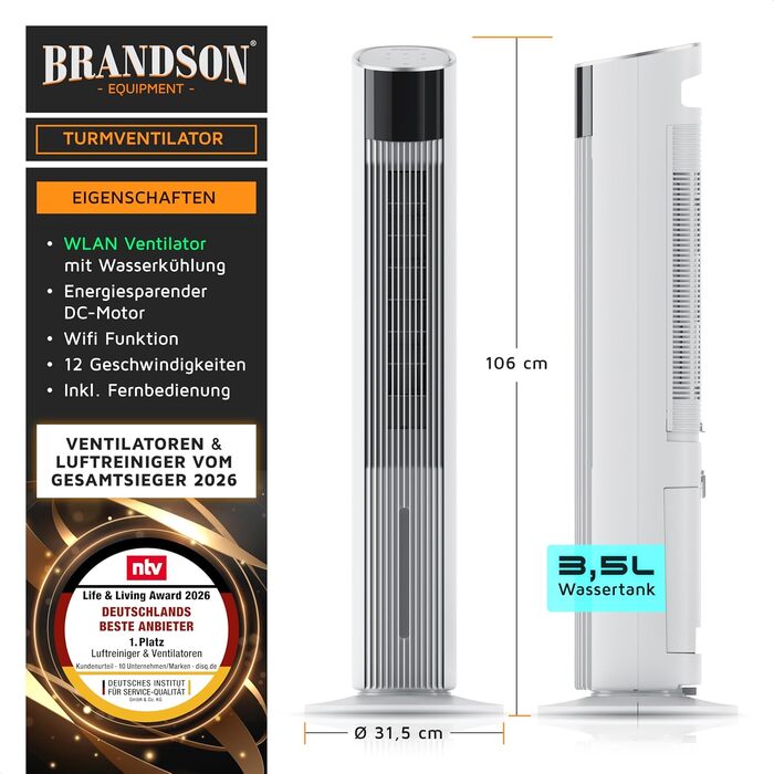 Вентилятор вежний з Wi-Fi та охолодженням води Brandson ECO GREEN – тихий, з керуванням Alexa, смарт-вентилятор для дому, мобільний кондиціонер