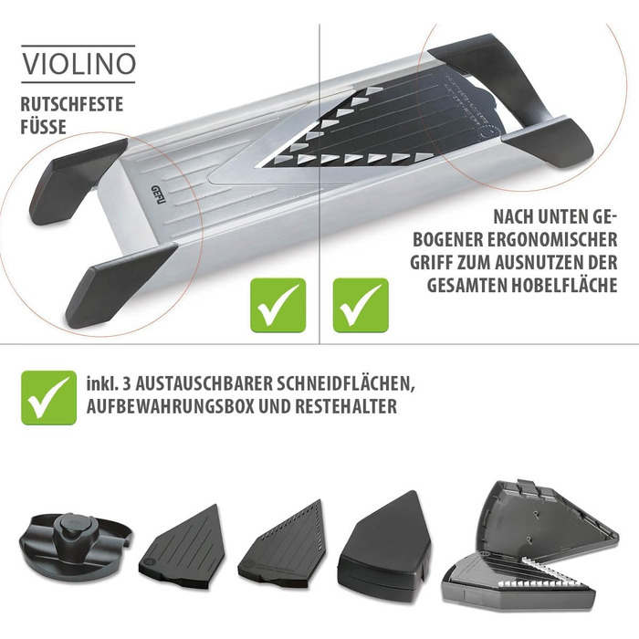 Овочерізка GEFU Violino: кубики, соломка, скибочки, 3 насадки, регульована товщина нарізки 1-5мм, безпечна, з ніжками