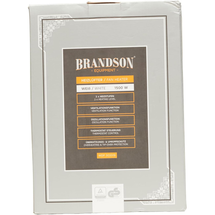 Керамічний обігрівач Brandson 1500 Вт, енергоощадний, безшумний, 2 режими, для ванної кімнати, плавне регулювання температури, термозахист, сріблясто-білий