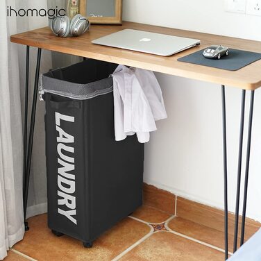 IHOMAGIC Кошик для білизни 62 л з колесами, знімний мішок, складаний, з ручками, чорний – для брудної білизни, зберігання речей