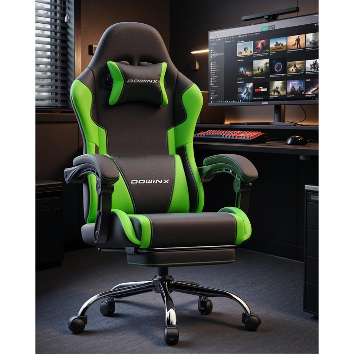 Ігрове крісло Dowinx Ergonomic Gaming Chair з підставкою для ніг, регульованими підлокітниками, навантаження до 150 кг, колір Зелений Pro