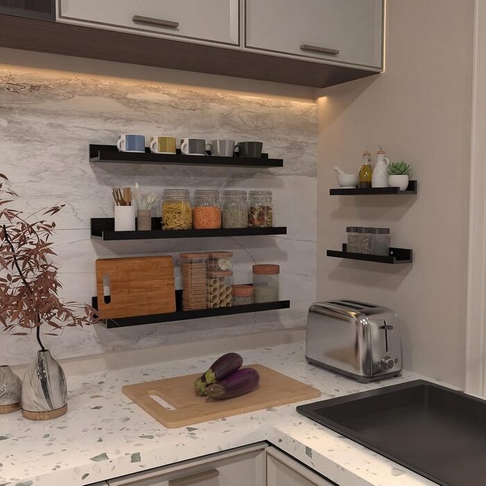 Полиця настінна плаваюча Giftgarden 90 см, дерев'яна, чорна - комплект з 5 шт. різних розмірів для вітальні, кухні, дитячої, спальні, офісу