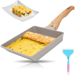 Японська омлетниця Tamagoyaki RANJIMA, прямокутна антипригарна сковорода для яєчні з ізольованою дерев'яною ручкою, алюмінієва, для індукції та газу, 19x16 см, біла