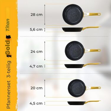 Набір сковорідок Briebe Gold Titanium 3 шт (20, 24, 28 см) з антипригарним покриттям для індукційних плит