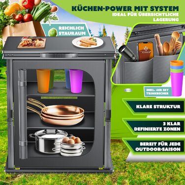 Кухня для кемпінгу KESSER® розкладний шафа 60x80см | Кухонний шафа з алюмінієвим каркасом, 3 відділення, 4-ий набір чашок, бічні кишені, москітна сітка | Розкладний кухонний блок для кемпінгу з UV-стійкої тканини, 3 полиці, антрацит