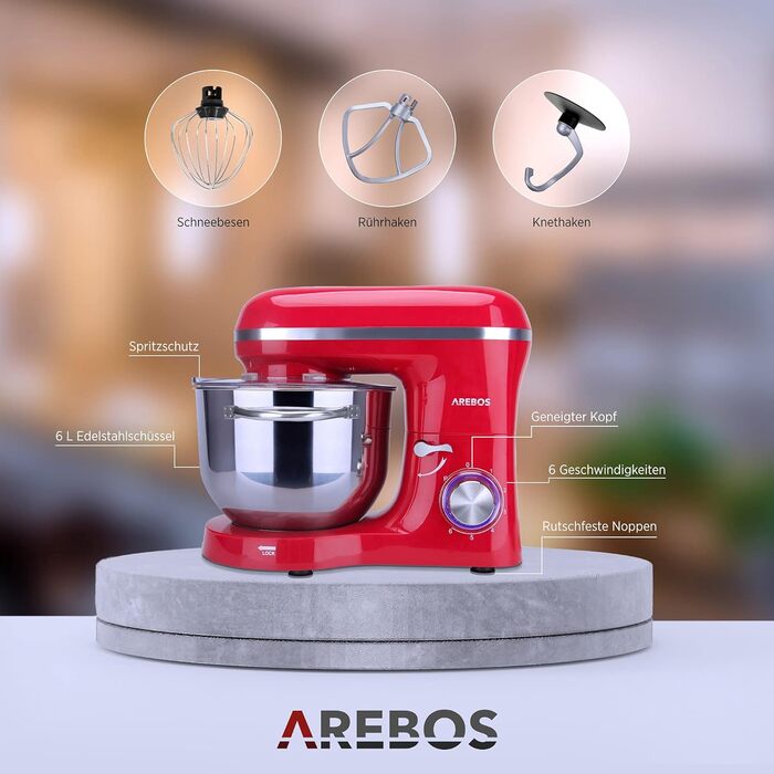 Кухонна машина Arebos 1500W з чашею 6L з нержавіючої сталі | Змішувач, гак для тіста, вінчик | Кришка від бризок | 6 швидкостей | Кухонний комбайн | Машина для тіста (червона)