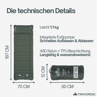 Надувний кемпінговий килимок Trinordic Extradicke: товщина 12 см, ширина 70 см, з ножним насосом та подушкою для походу, хайкінгу та байкпакінгу
