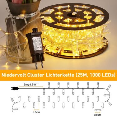 Світлодіодна гірлянда Elegear 1000 LED (25м), вулична новорічна ілюмінація, теплий білий колір, мережева