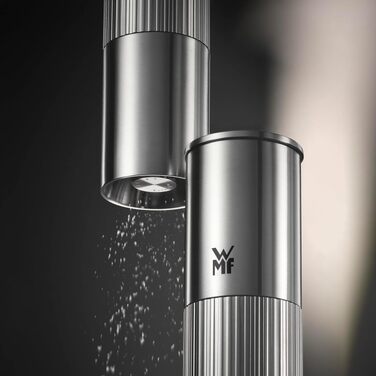 Ручний млинчик для солі та перцю WMF Signature Pro з керамічним механізмом, регулюванням помолу та магнітною кришкою, нержавіюча сталь, сріблястий