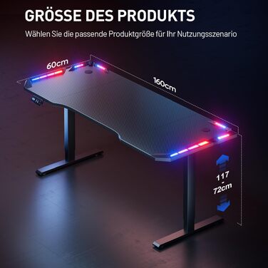 Електричний геймерський стіл HLONONE з LED підсвічуванням та регульованою висотою, 160x60 см, чорний - Комп'ютерний стіл для роботи та ігор з пам'яттю функцій