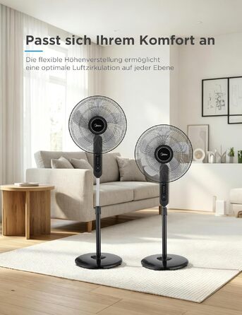 Вентилятор підлоговий Midea FS40-15FR з пультом, 3 режими, LED дисплей, таймер, регульована висота, чорний