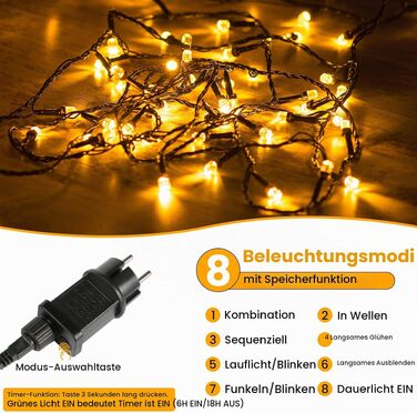 Світлодіодна гірлянда для вулиці та дому 33м, 300 LED, теплий білий колір, 8 режимів роботи, таймер, IP65 водонепроникна, розширювана новорічна ілюмінація для саду та свят