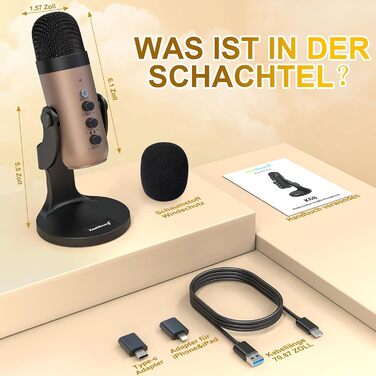 Zealsound USB мікрофон K66 Gold для ПК, смартфонів, PS4/5, конденсаторний, з шумозаглушенням, кнопкою вимкнення та ехоефектом, для ігор, запису, стрімінгу, YouTube, сумісний з Mac та Windows
