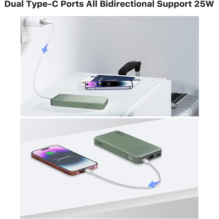 Power Bank NOBIS 10000mAh з цифровою індикацією, USB-C, швидка зарядка PD QC, 25W, зелений