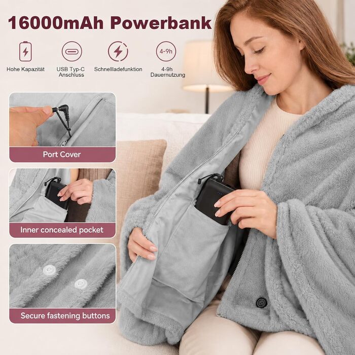 Акумуляторна електроковдра 160x90 см з Power Bank 16000mAh, фланелева грілка з 6 зонами обігріву та 3 рівнями температури, USB електрична тепла ковдра для подорожей, кемпінгу та офісу (Сіра)