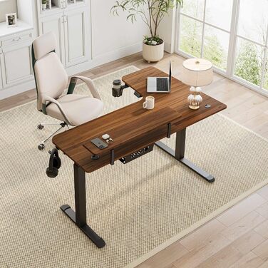 Електричний кутовий стіл для геймінгу EUREKA ERGONOMIC 155x110 см, з регулюванням висоти, клавіатурною полицею, LED-підставкою для монітора, лівий, колір горіх