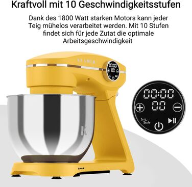 Кухонний комбайн KLAMER 1800W: планетарний міксер для тіста з чашею з нержавіючої сталі 6л, 10 швидкостей, таймером та набором насадок (Premium Yellow)