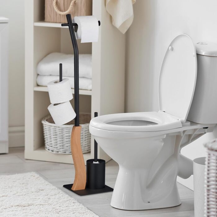 WC набір Relaxdays, сталевий, підлоговий тримач для туалетного паперу, йоржик з підставкою, 87x26x20 см, чорний/натуральний