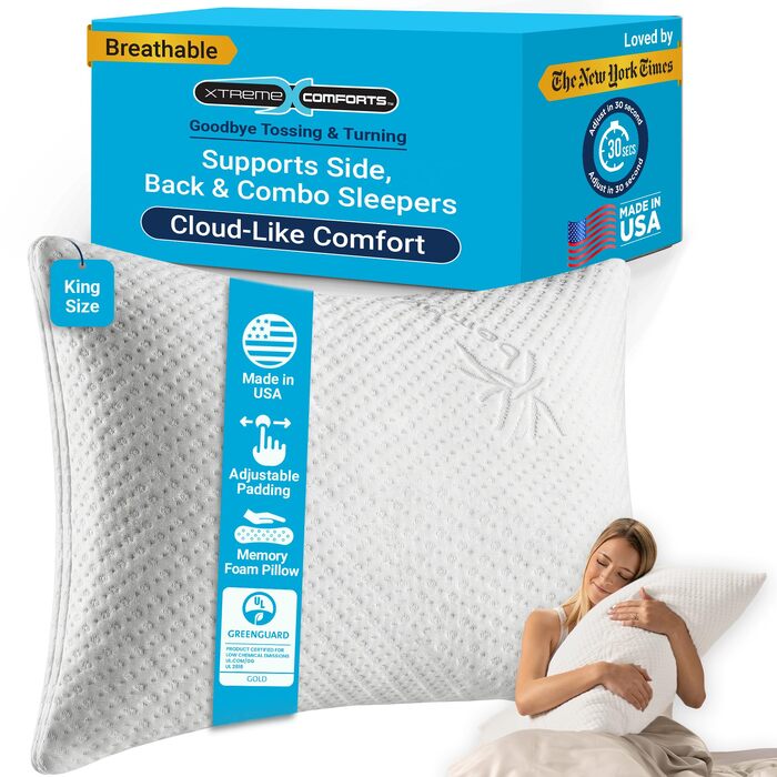 Подушка Xtreme Comforts з бамбуковим пінополіуретаном з ефектом пам'яті, King Size, гіпоалергенна, регульована висота, для сну на спині, боці та животі, США