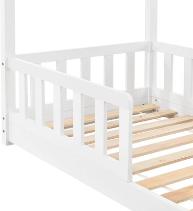 Дитяче ліжко Juskys Marli 80x160 см з бортиком, ламельною основою та дахом, будиночок з масиву дерева, біле