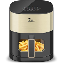 Електрична аерофритюрниця Uten Dual Blaze 2000 Вт, 5,5 л, 14 програм, без олії, із віконцем, золота, квадратна