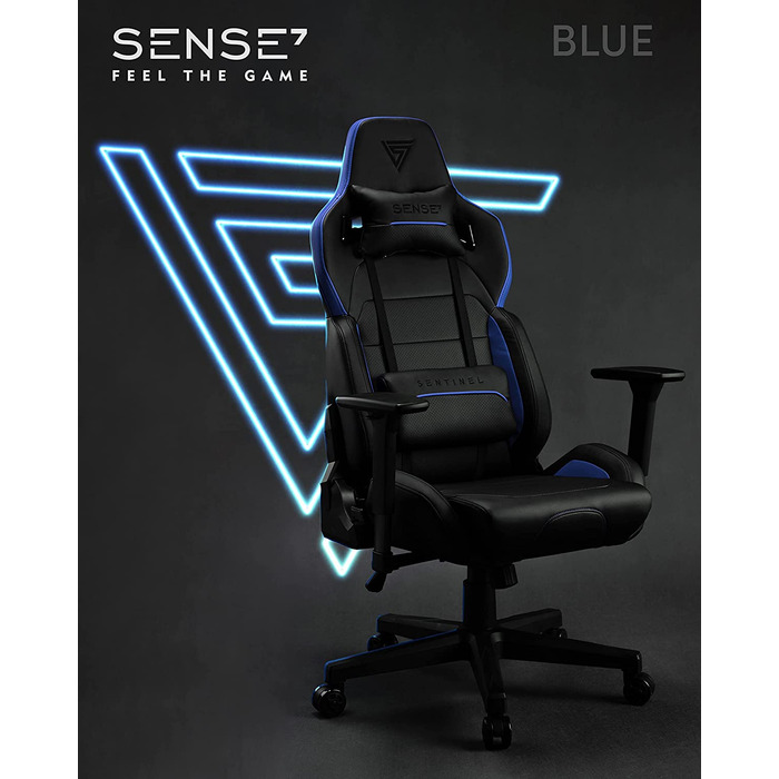 Ігрове крісло SENSE7 Sentinel, ергономічний геймерський стілець з регульованою поперековою підтримкою, нахилом спинки, механізмом гойдання, PU-шкіра, до 150 кг, чорний-синій