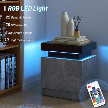 Тумба приліжкова LIFEZEAL з LED підсвіткою, 2 шухляди, 20 кольорів, з пультом, сучасна нічна тумбочка для спальні та вітальні, 45x35x52 см