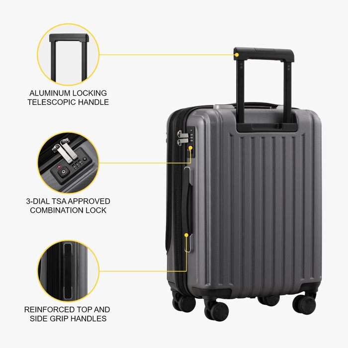 Валіза LEVEL8 на 4 колесах, жорсткий корпус ABS+PC, ручна поклажа 55 см, 36 л, сіра, з TSA-замком