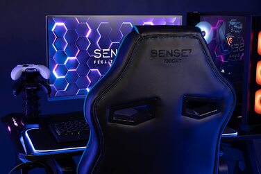 Ігрове крісло SENSE7 Knight, ергономічне, PU-шкіра, регульовані підлокітники, лордозна підтримка, офісний комп'ютерний стілець до 120 кг, чорний-сірий