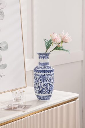 Ваза синьо-біла керамічна Chinoiserie 25.4 см для дому, декор для вітальні, полиці, каміна
