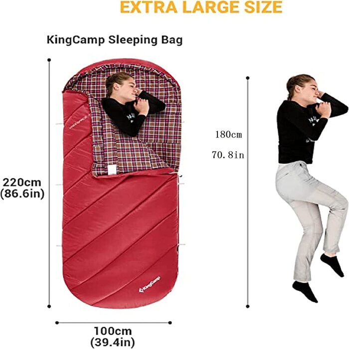 KingCamp XL спальний мішок для дорослих, 3 сезони, утеплений, для кемпінгу та туризму, легкий, розмір XL, червоний, 2.1 кг