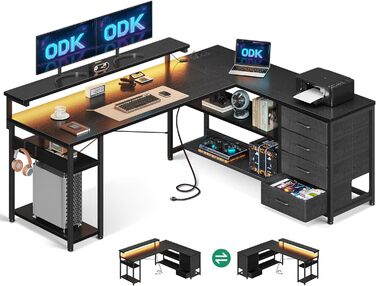 Кутовий письмовий стіл ODK з висувними шухлядами, LED підсвіткою, розетками та USB, для домашнього офісу, чорний, 155×110 см
