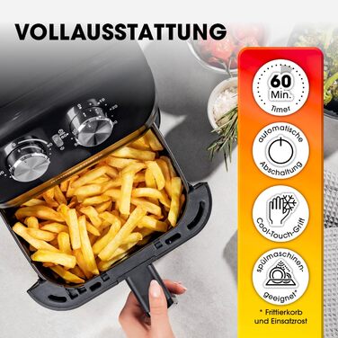 Аерофритюрниця GOURMETmaxx 4 л, 1400 Вт, таймер, нержавіюча сталь, з функціями попереднього нагріву та підтримки тепла, економна, майже без олії, матова чорна