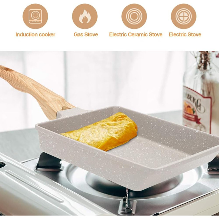 Японська омлетниця Tamagoyaki RANJIMA, прямокутна антипригарна сковорода для яєчні з ізольованою дерев'яною ручкою, алюмінієва, для індукції та газу, 19x16 см, біла