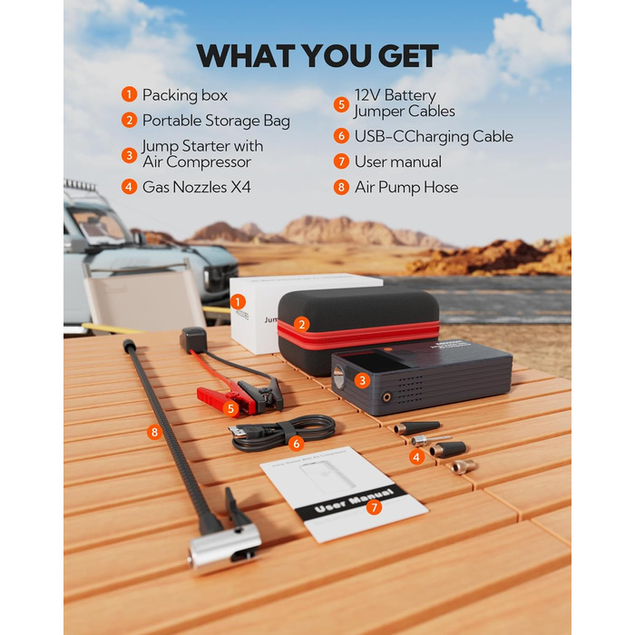 Бустер-пусковий пристрій для авто JC8 8000mAh 7-в-1: портативний компресор, Powerbank, LED-ліхтарик та USB-C зарядка, автомобільний jump starter