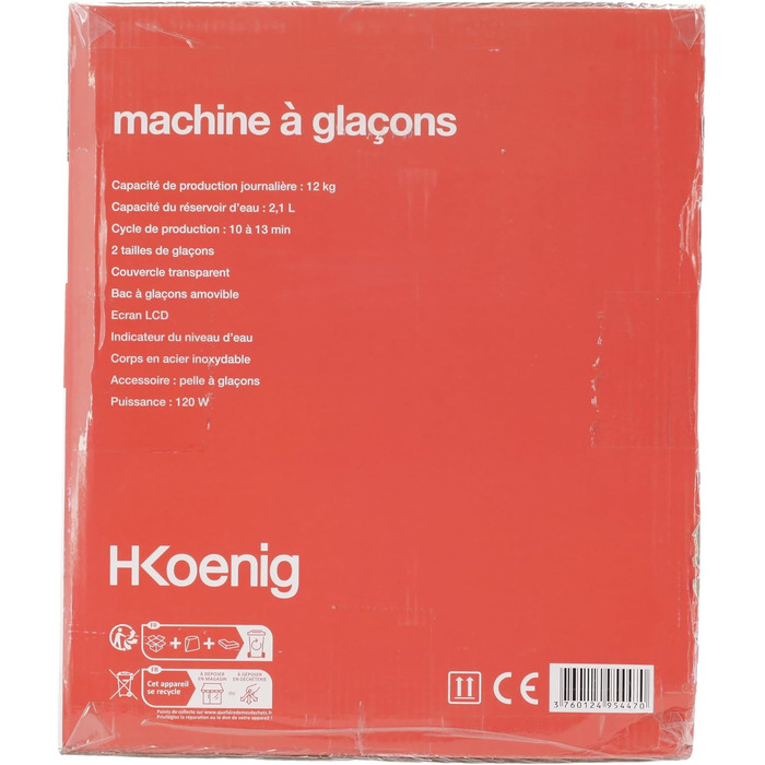 Льодогенератор H.Koenig KB14, 12 кг/день, 2 розміри, нерж. сталь, 2.1 л, 120 Вт, сріблястий