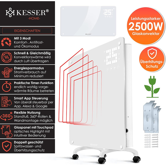 Скляний конвектор KESSER електрообігрівач 2500 Вт з WiFi, керуванням через APP та пультом, сенсорним дисплеєм та таймером, білий